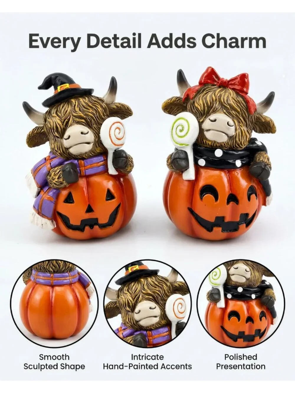 Highland Cow Jack Lantern Orange Brown Figurine Halloween Resin Farmhouse Décor